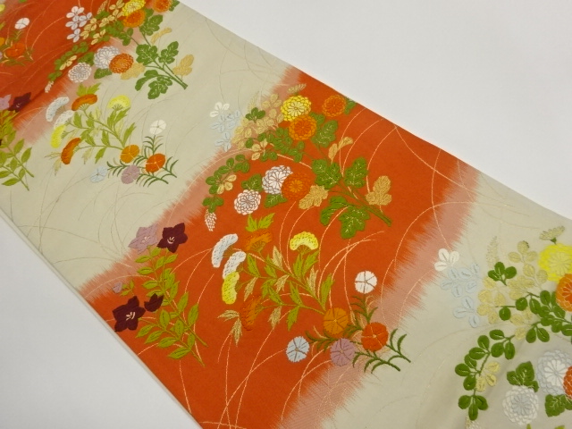 横縞に秋草模様織出し袋帯